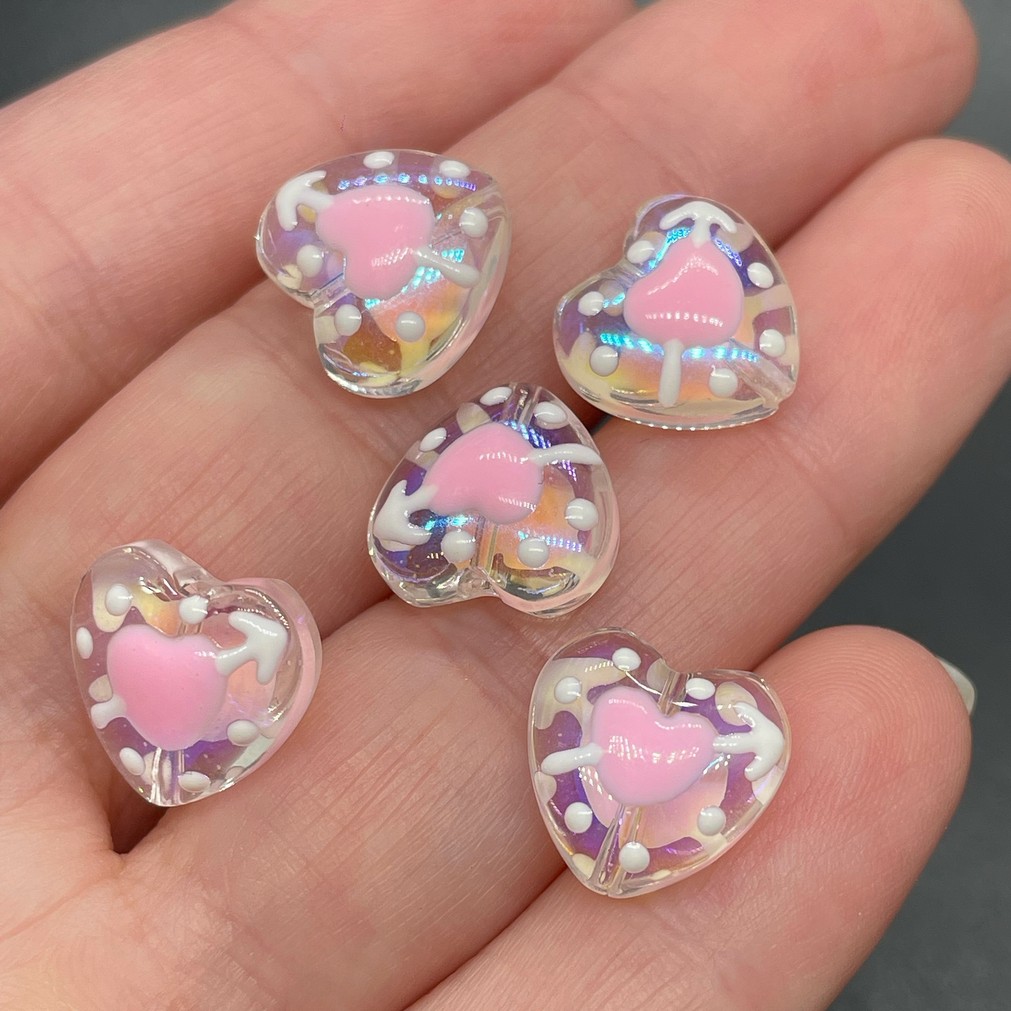 13,5 мм, Стекло бусина сердце с бледно-розовым сердечком стрела уп.5 шт