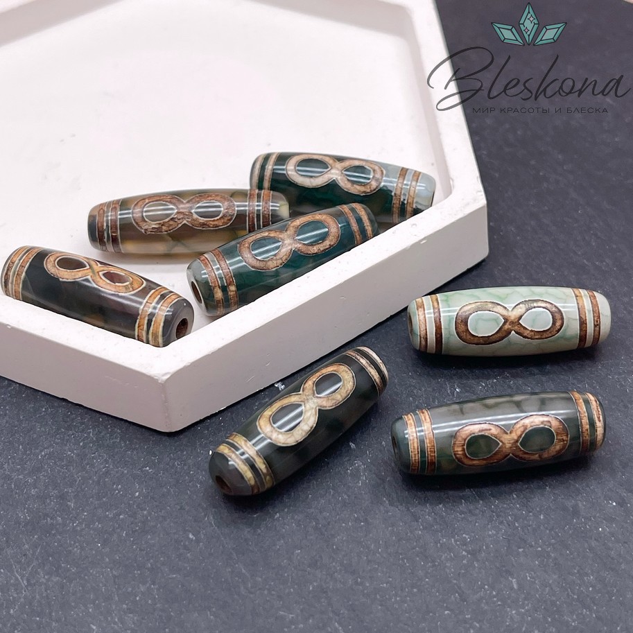 Бусина Дзи Бесконечность зелено-коричневый бочонок 30*11 мм