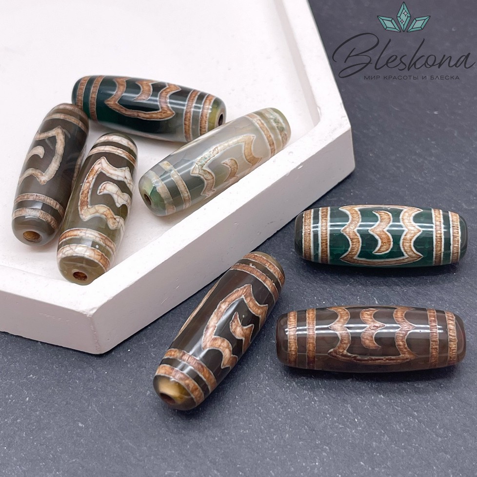 Бусина Дзи Птица Гаруда зелено-коричневый бочонок 30*11 мм