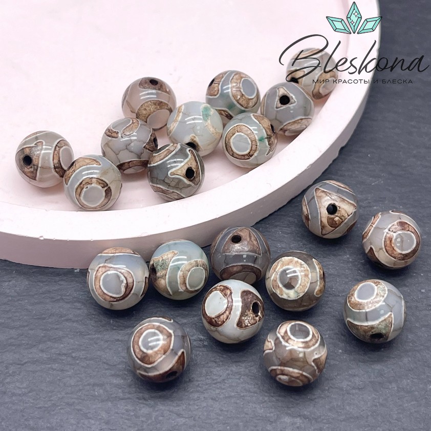 Бусина Дзи 3 глаза зелено-коричневый шар 10 мм уп.10 шт.