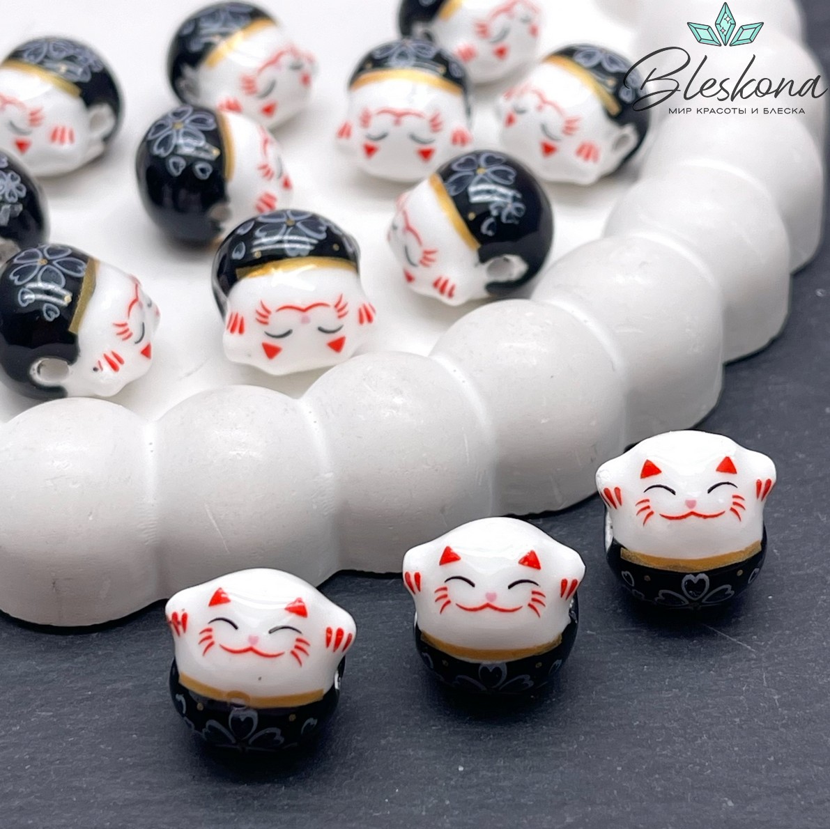 13,5*13 мм Керамика бусина Котик черный, отверстие поперек