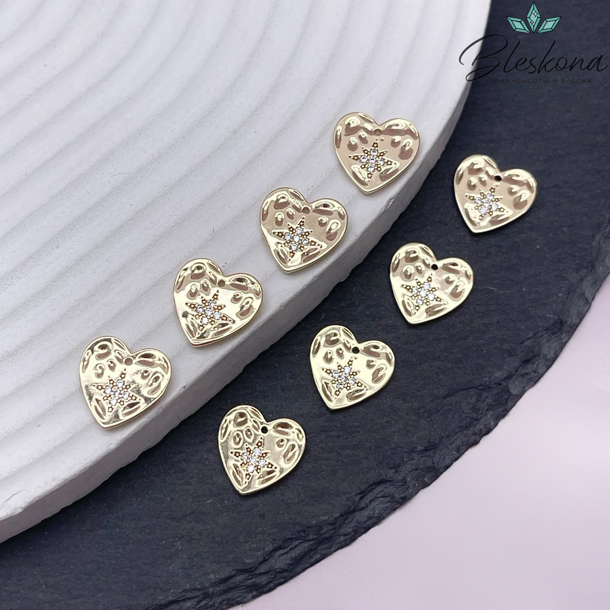 12мм,Подвеска сердце ,цвет золото цирконы северная звезда 