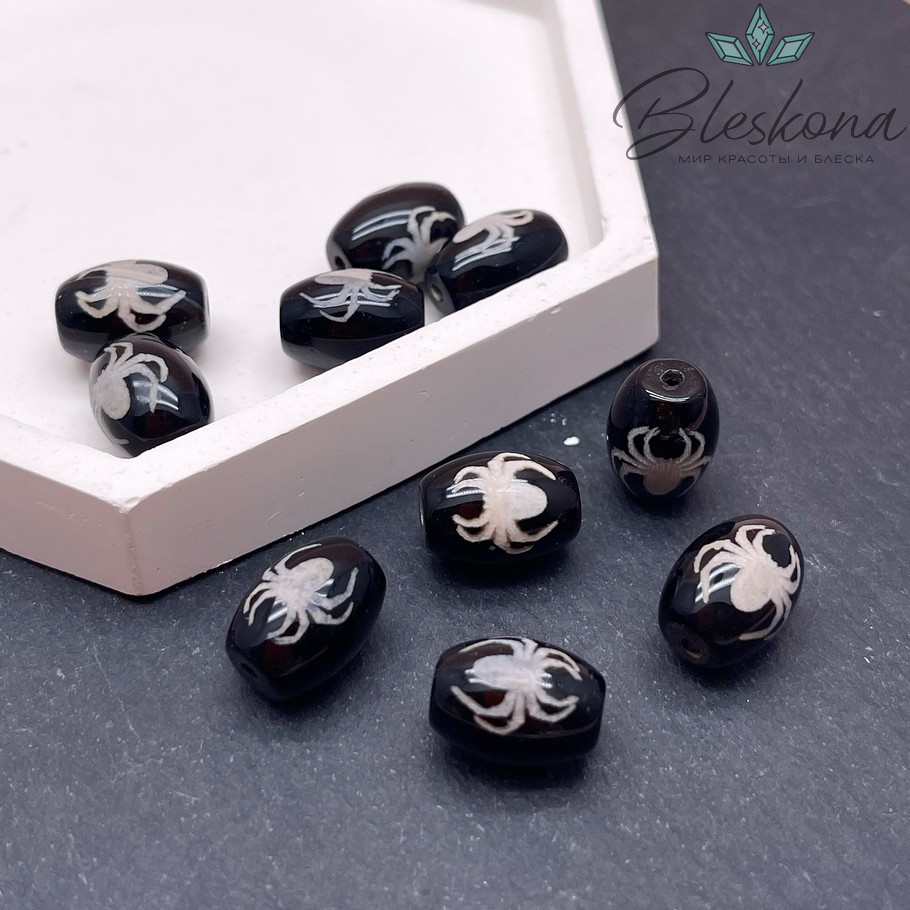 Бусина Дзи Паук и Сау черно-белый бочонок 10*14 мм