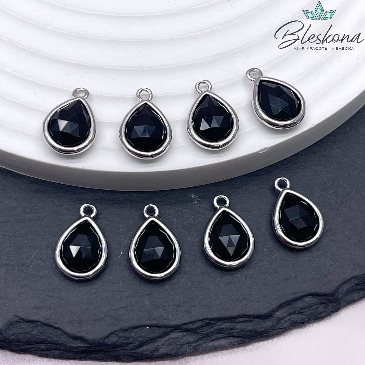 14*9,5 мм Цвет серебро, Подвеска капля Черный Агат огранка
