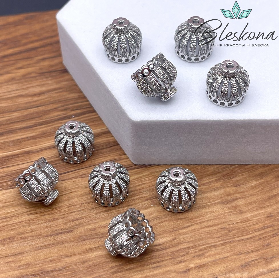 10,3*10,7 мм Цвет серебро, Концевик корона мини с цирконами