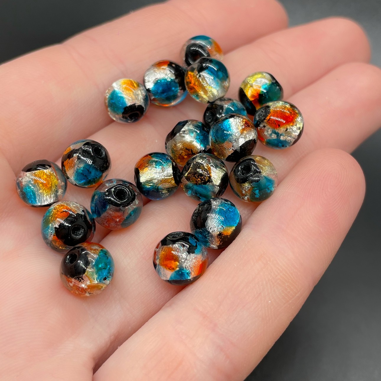 8 мм, Стекло бусина шар сине-оранжевое с черным обрамлением 