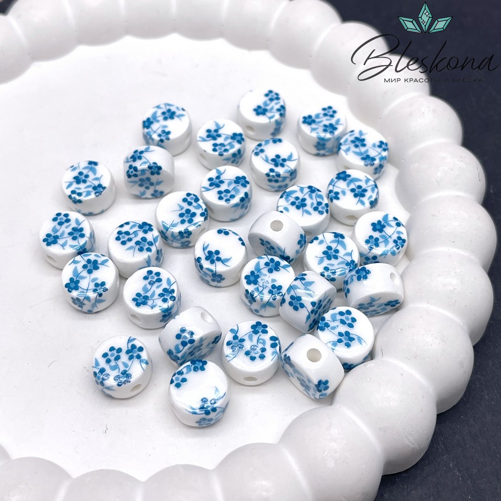 10,5 мм Керамика Бусина таблетка роспись гжель №30 (штучно)