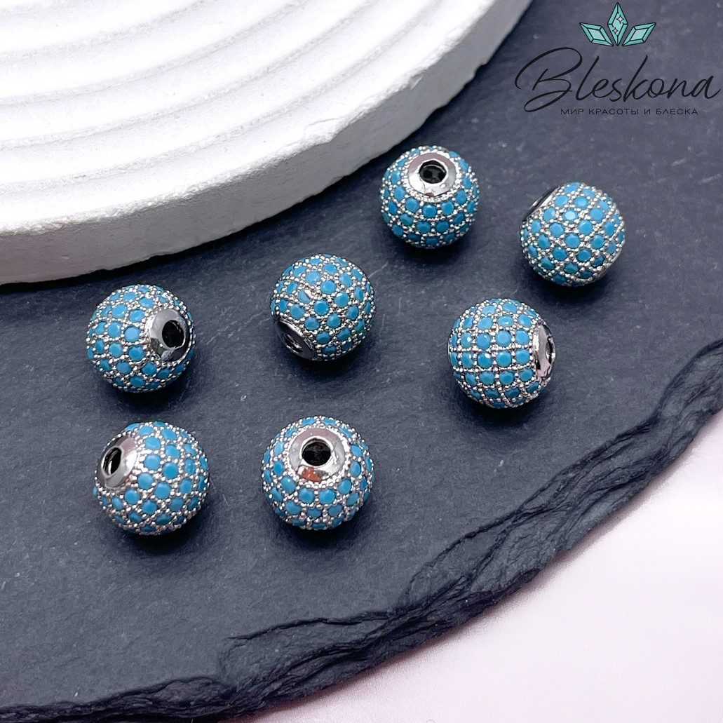 10 мм Бусина с цирконами, цвет серебро