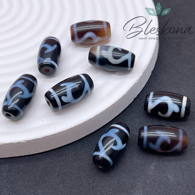 Бусина Дзи Зеленая тара бело-черный бочонок 20*11 мм