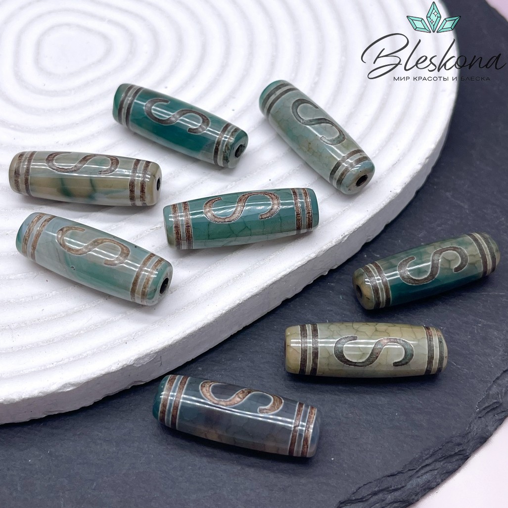 Бусина Дзи Денежный крючок зелено-коричневый бочонок 30*11 мм