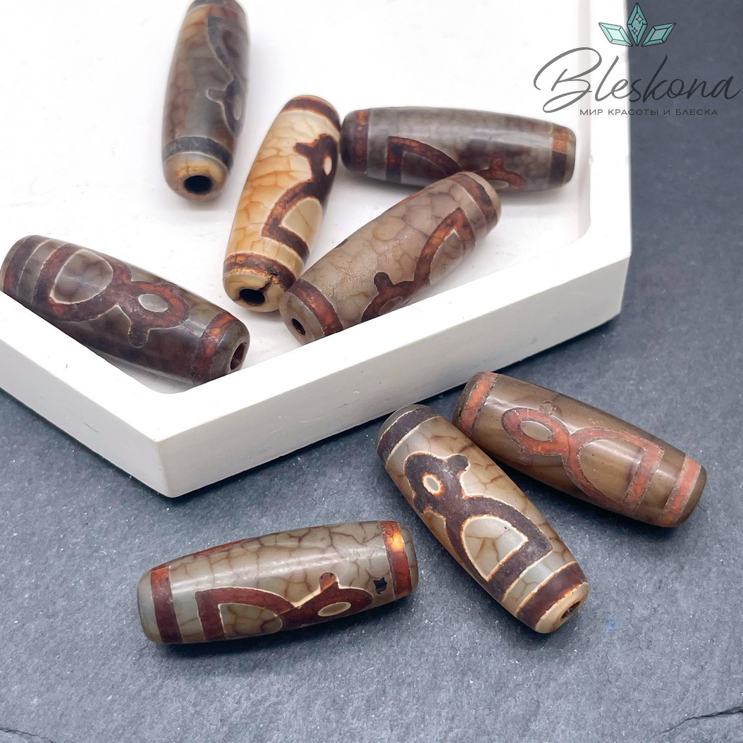 Бусина Дзи Кубера серо-коричневый бочонок 30*11 мм