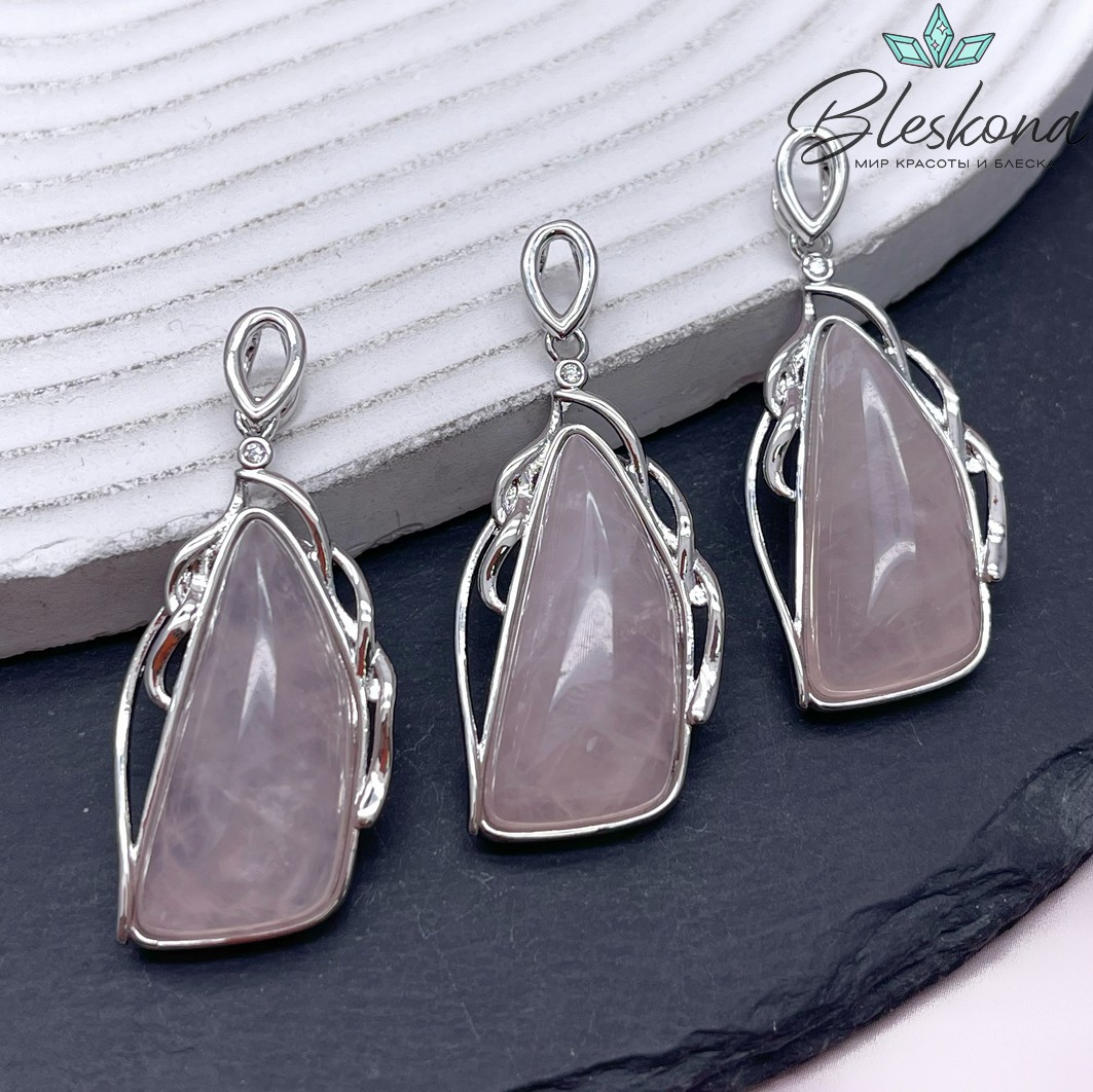 36,5*18 мм Цвет серебро, Подвеска Розовый кварц с цирконом