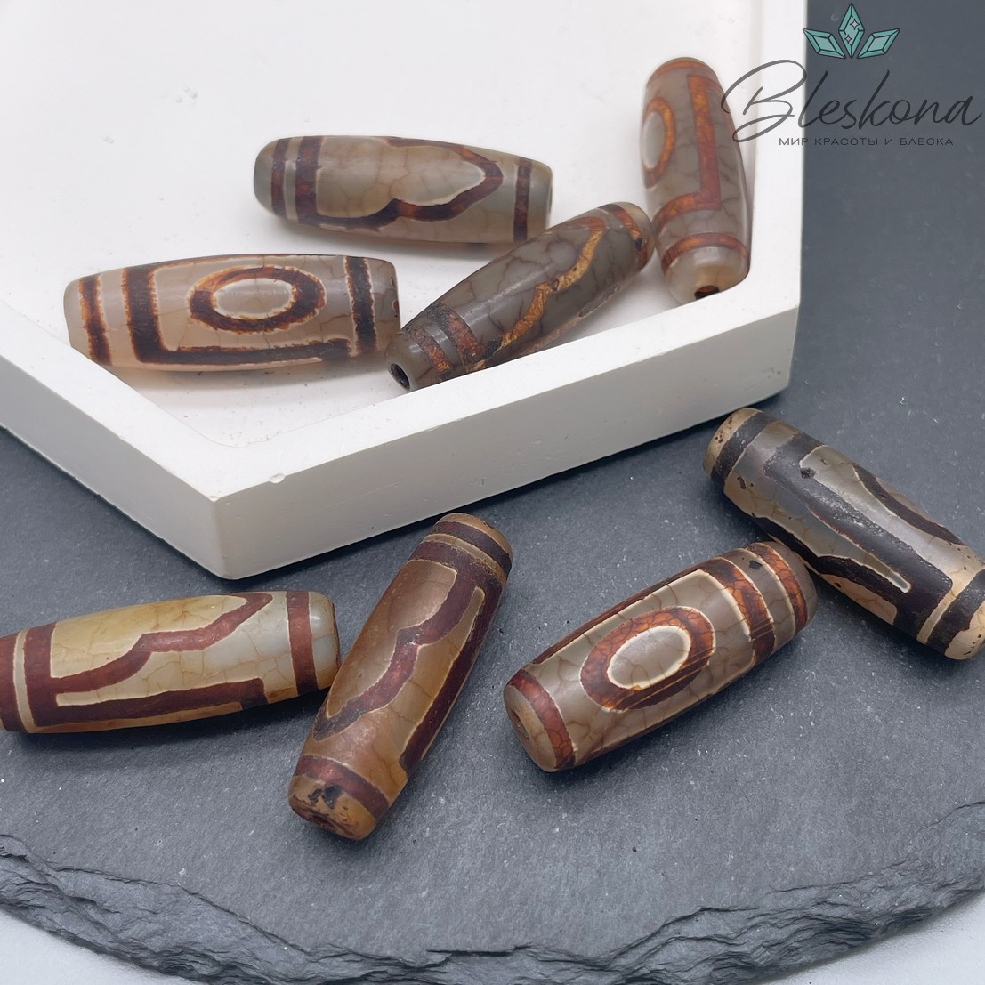 Бусина Дзи 1 глаз и гора серо-коричневый бочонок 30*11 мм