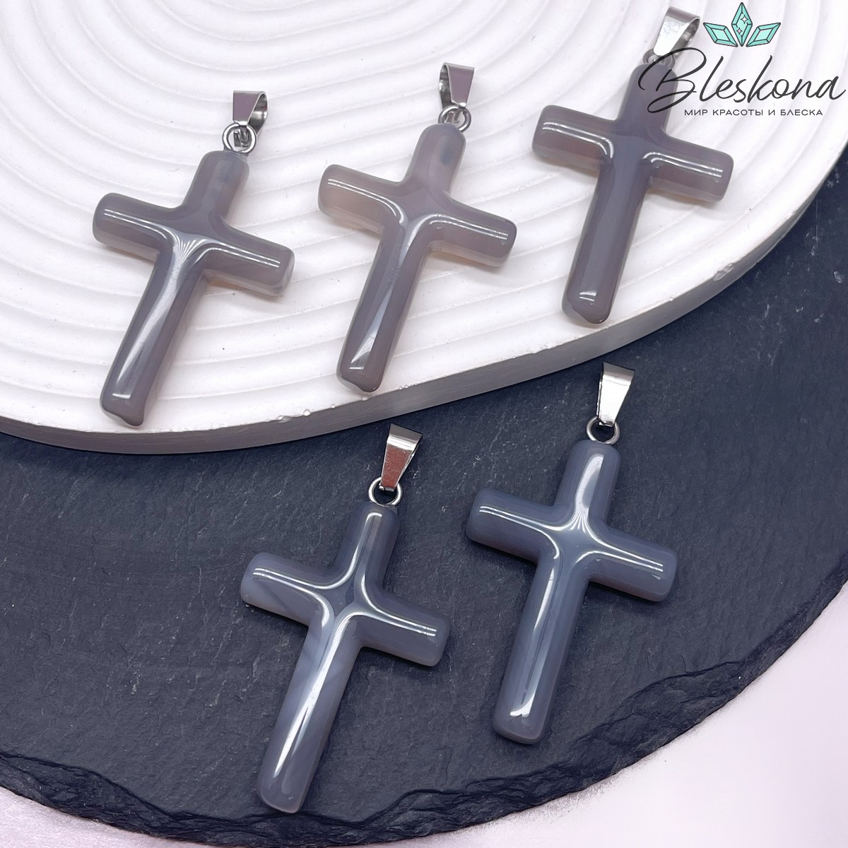 Подвеска крест Агат серый, цвет серебро 44*28мм