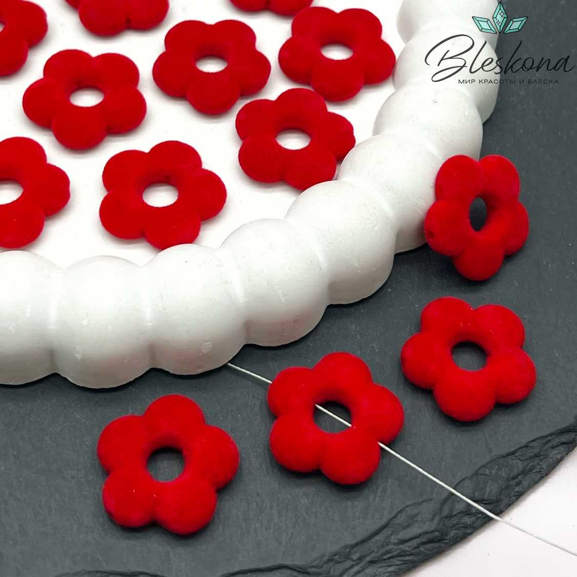 20мм Бархатная Подвеска-бусина цветок, Цвет красный