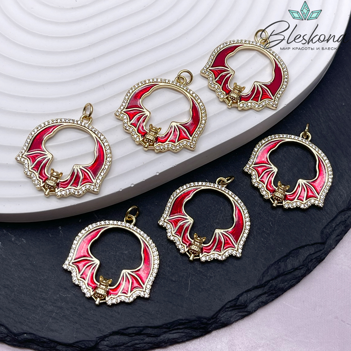 27*26 мм Цвет золото, Подвеска Летучая мышь красная эмаль