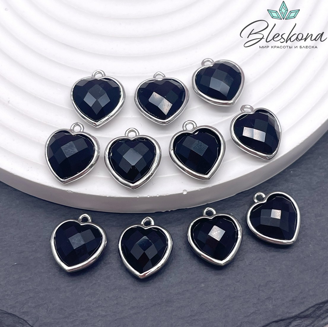 13*15мм,Цвет серебро ,Подвеска Сердце агат черный огранка