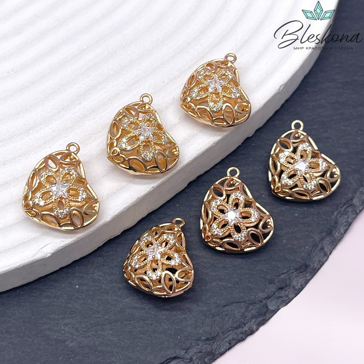 14,4*12,2мм Цвет золото, Подвеска Сердце цветок цирконы 