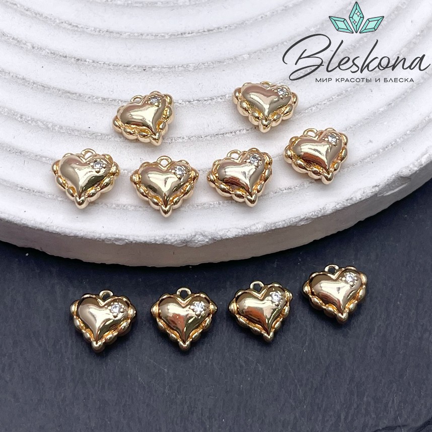 8,7*9 мм Цвет золото, Подвеска сердце шарики циркон