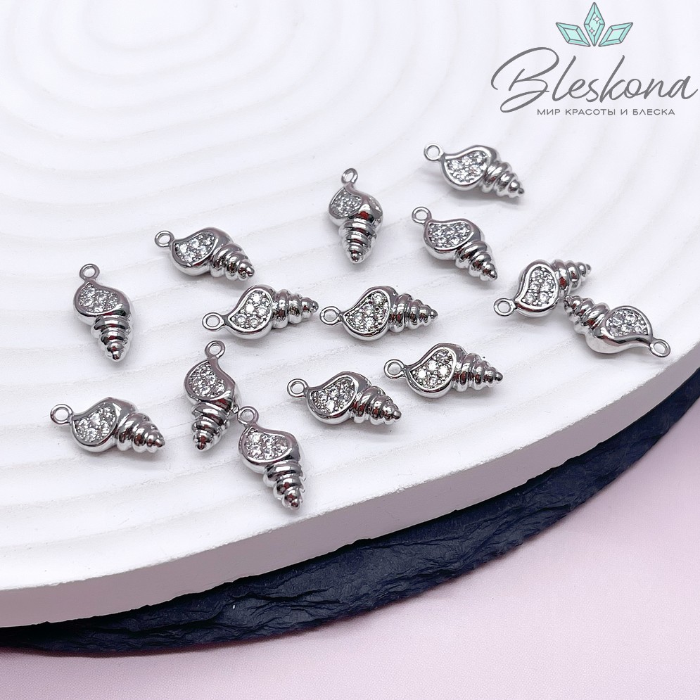 6,2*14мм, Подвеска ракушка цирконы цвет серебро 