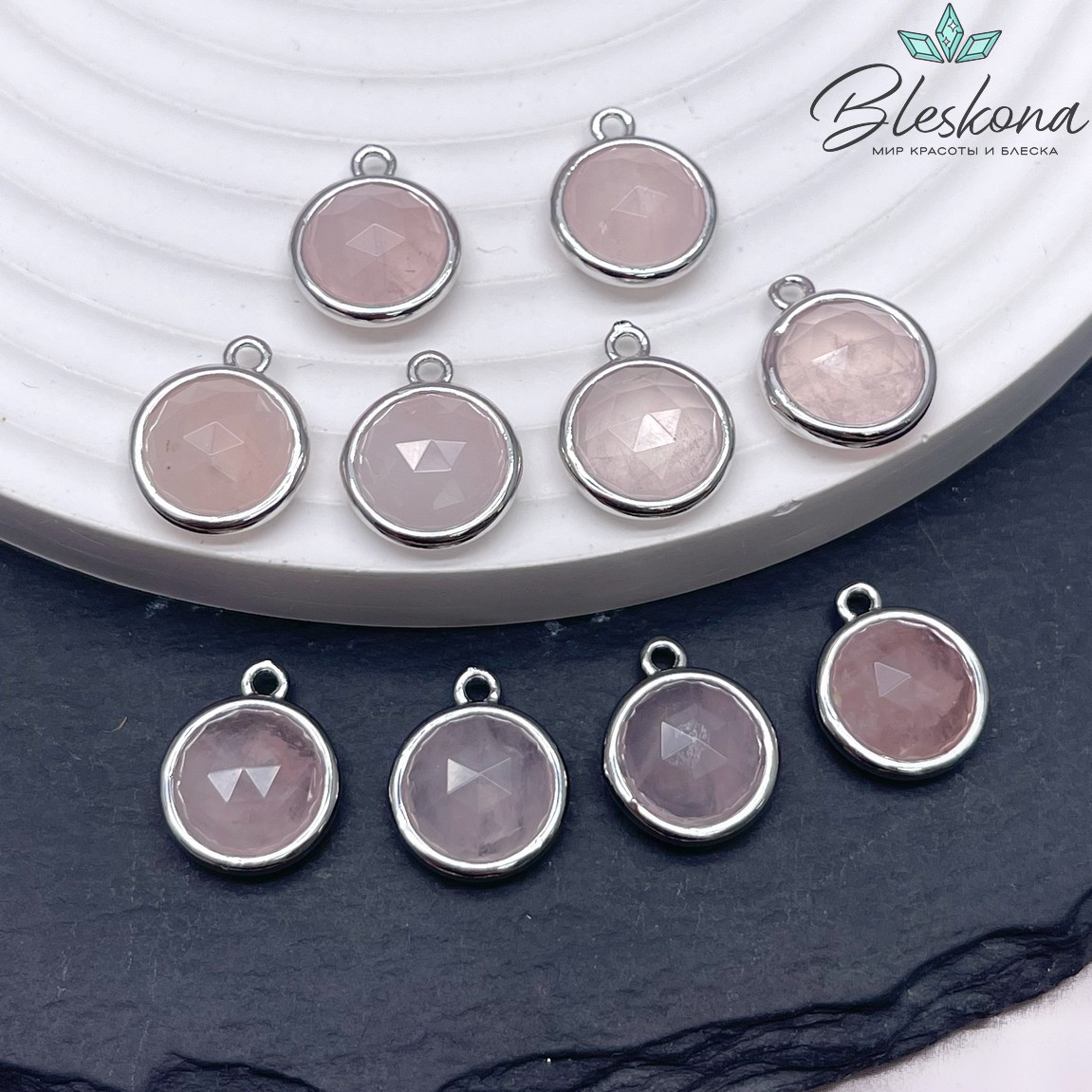 11,5мм, цвет серебро ,Подвеска круг мини Розовый кварц огранка