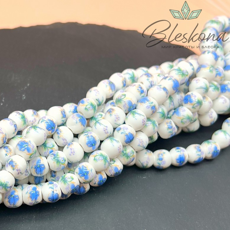 8 мм Керамика Бусина роспись гжель №9