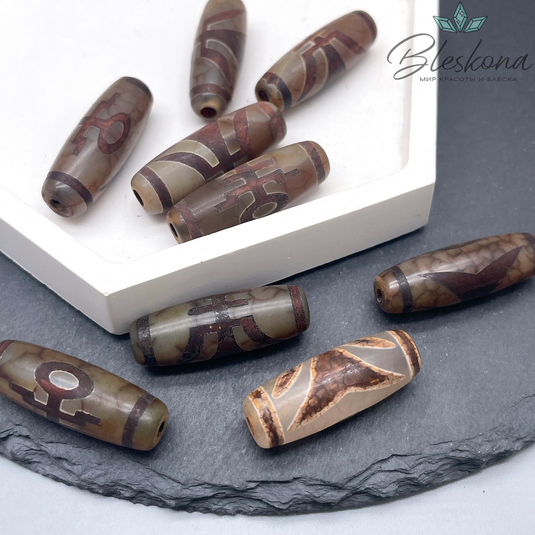 Бусина Дзи Большой человек (Аристократ) серо-коричневый бочонок 30*11 мм