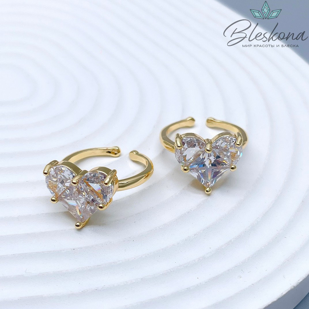 20 мм Цвет золото, Кольцо безразмерное сердце цирконы