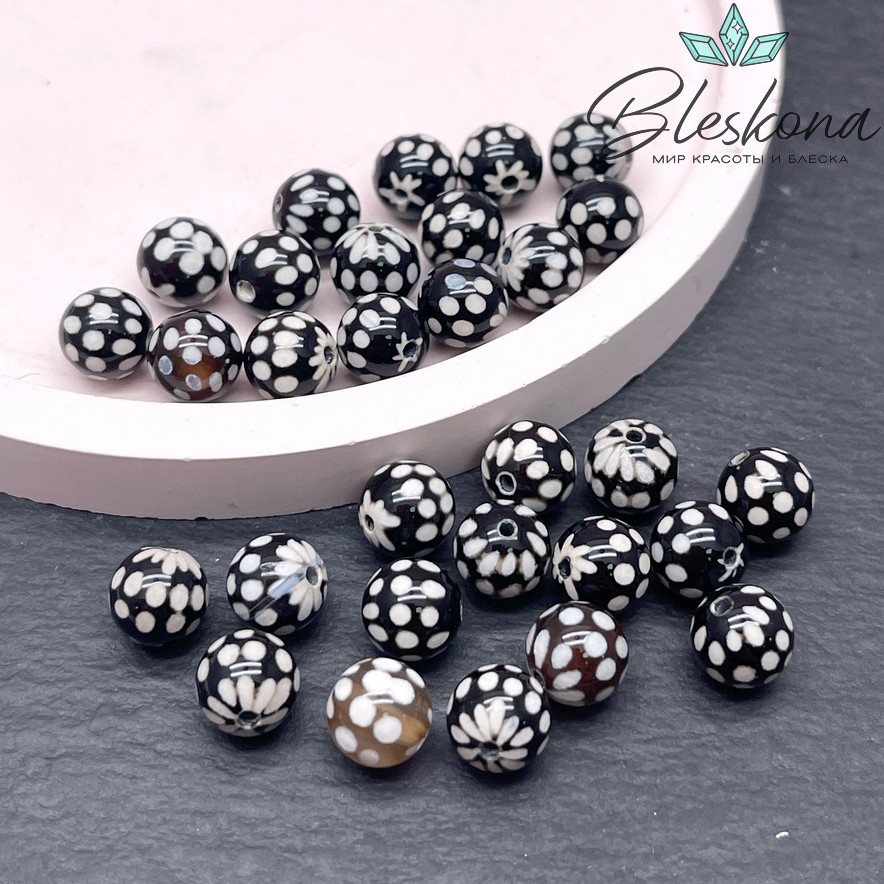 Бусина Дзи точки черно-белый шар 8 мм уп.15 шт.
