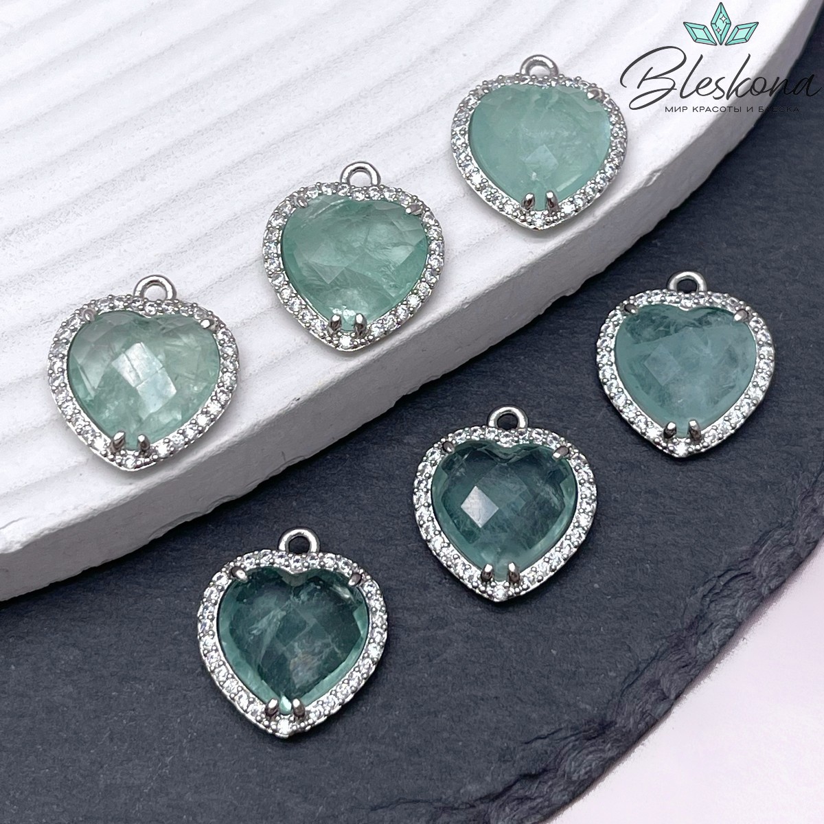 16*18мм ,цвет серебро, Подвеска Сердце в обрамлении Кварц тонированный зеленый огранка цирконы