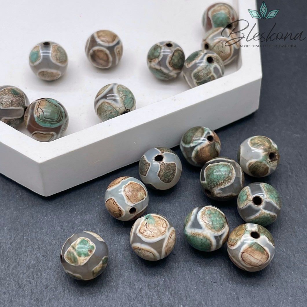 Бусина Дзи Черепаха серо-зеленый шар 10 мм уп.10 шт.