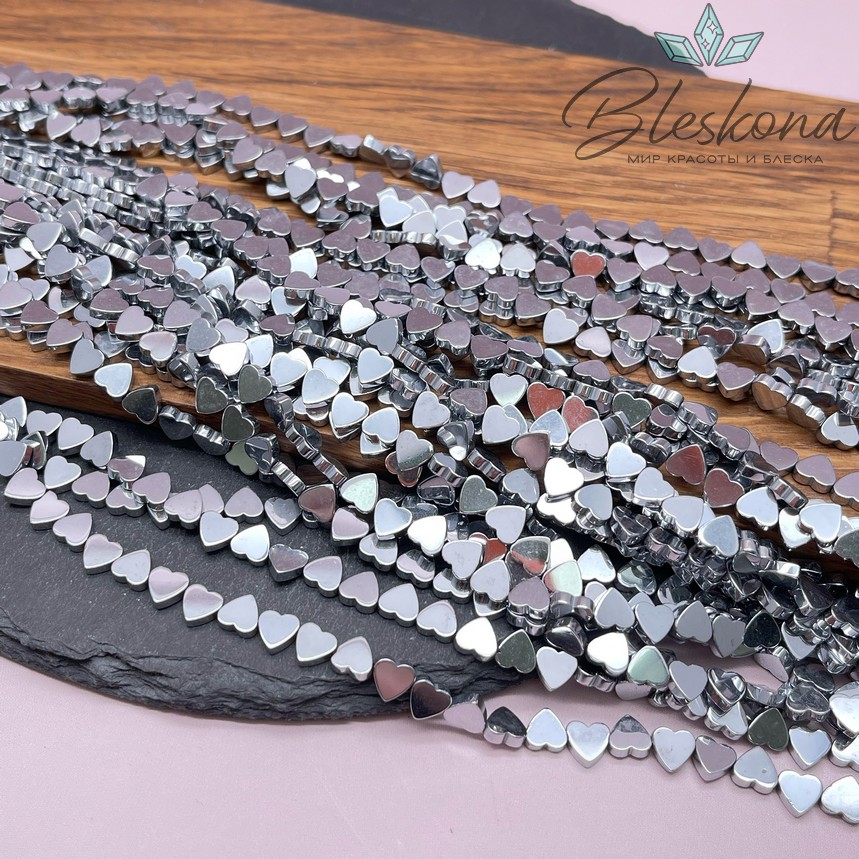 6 мм Гематин, темное серебро, сердце отверстие поперек имитация