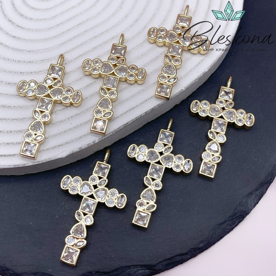 47*28 мм Цвет золото, Подвеска Крест фигурный с белыми цирконами