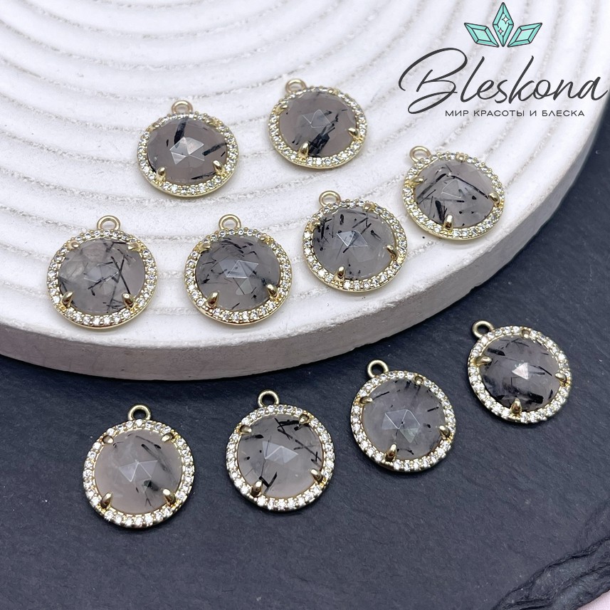 13 мм, цвет золото Подвеска круг Турмалиновый кварц  огранка в обрамлении цирконы