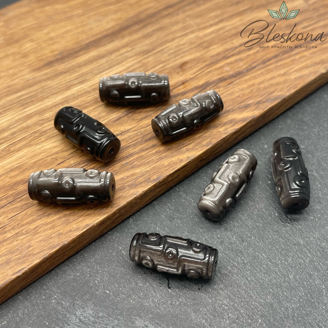 Резная Бусина Дзи 9 глаз Обсидиан серебристый 23*10 мм