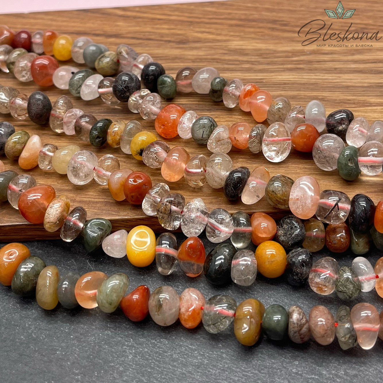  Кварц рутиловый микс галтовка (6-8)*(9-12) мм