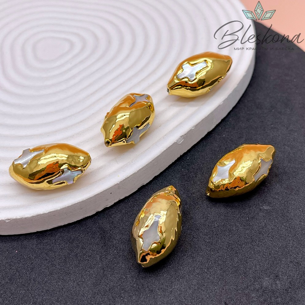 28*15 мм Цвет золото, Бусина  Жемчуг зауженный овал крест