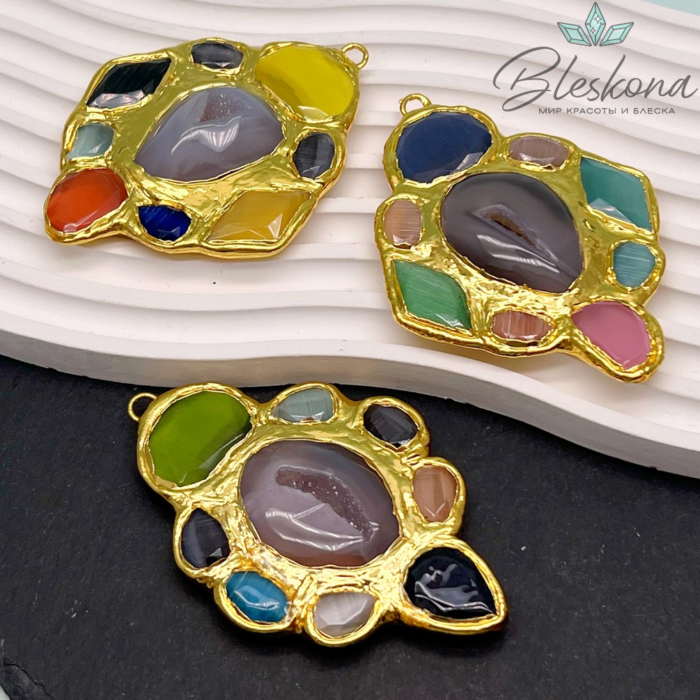 74*60 мм Цвет золото, Подвеска друза Агата и Микс камней №2