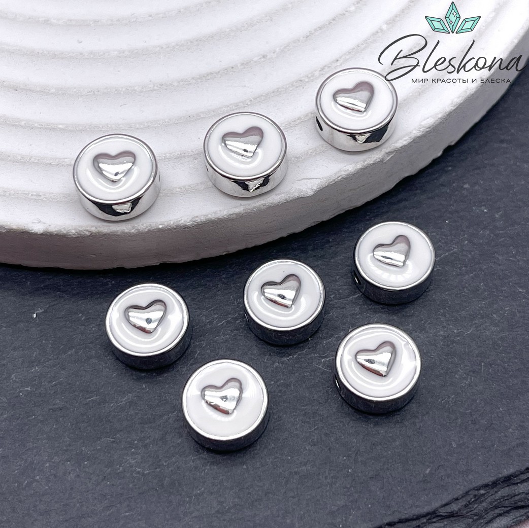 10 мм Цвет серебро,Бусина сердце белая эмаль 