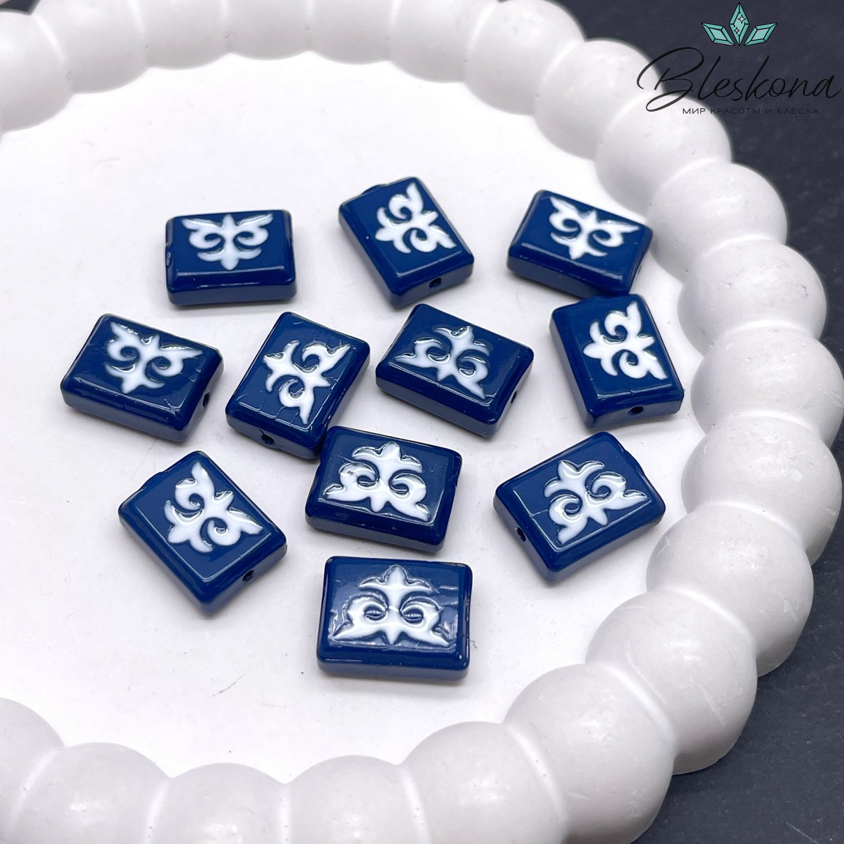12*16 мм Бусина Этно прямоугольник синий белый рисунок