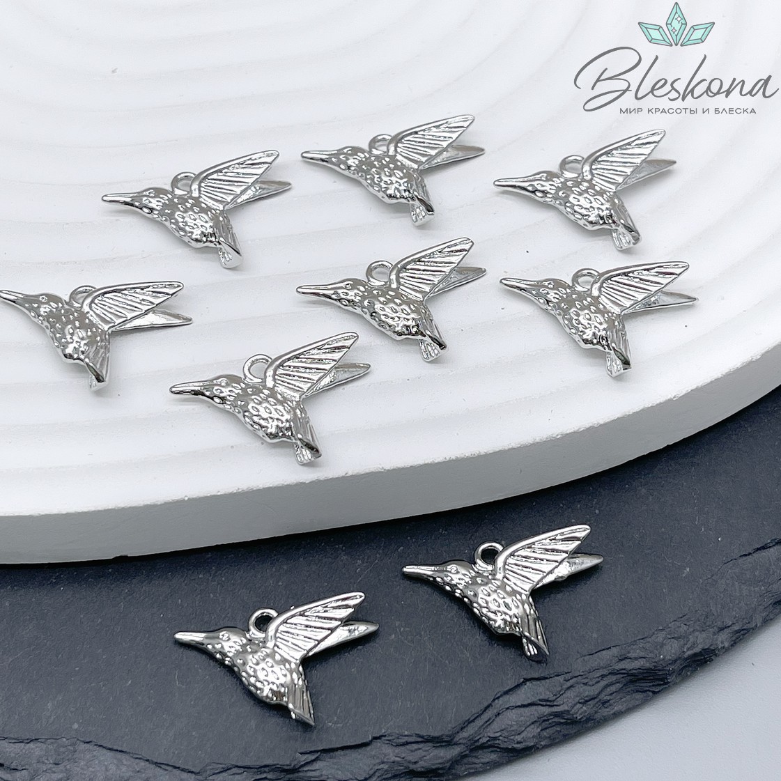 19,5*13мм Цвет серебро, Подвеска колибри 