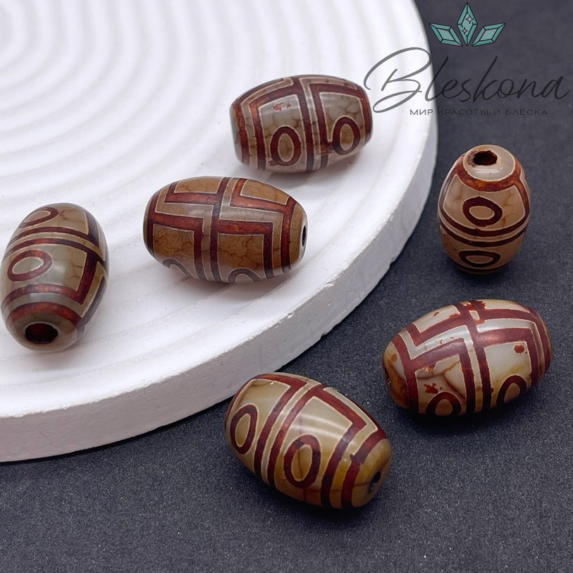 Бусина Дзи 4 глаза серо-коричневый бочонок  22*15 мм