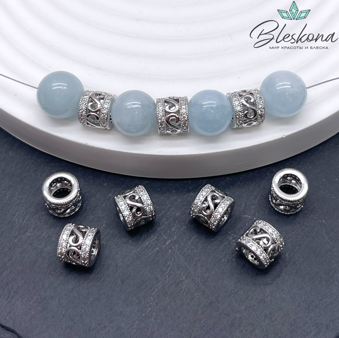 12*13 мм Цвет серебро, Бусина цилиндр узоры цирконы