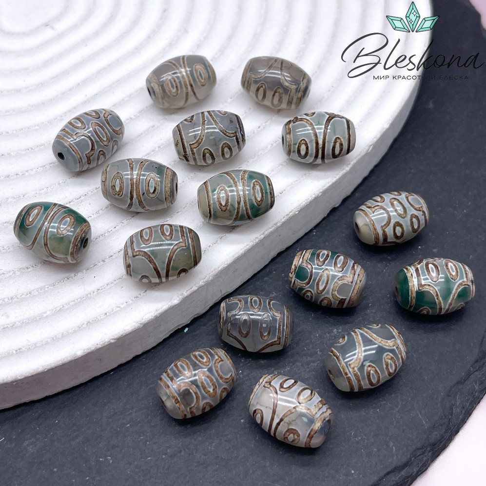 Бусина Дзи 7 глаз зелено-коричневый бочонок 10*14 мм
