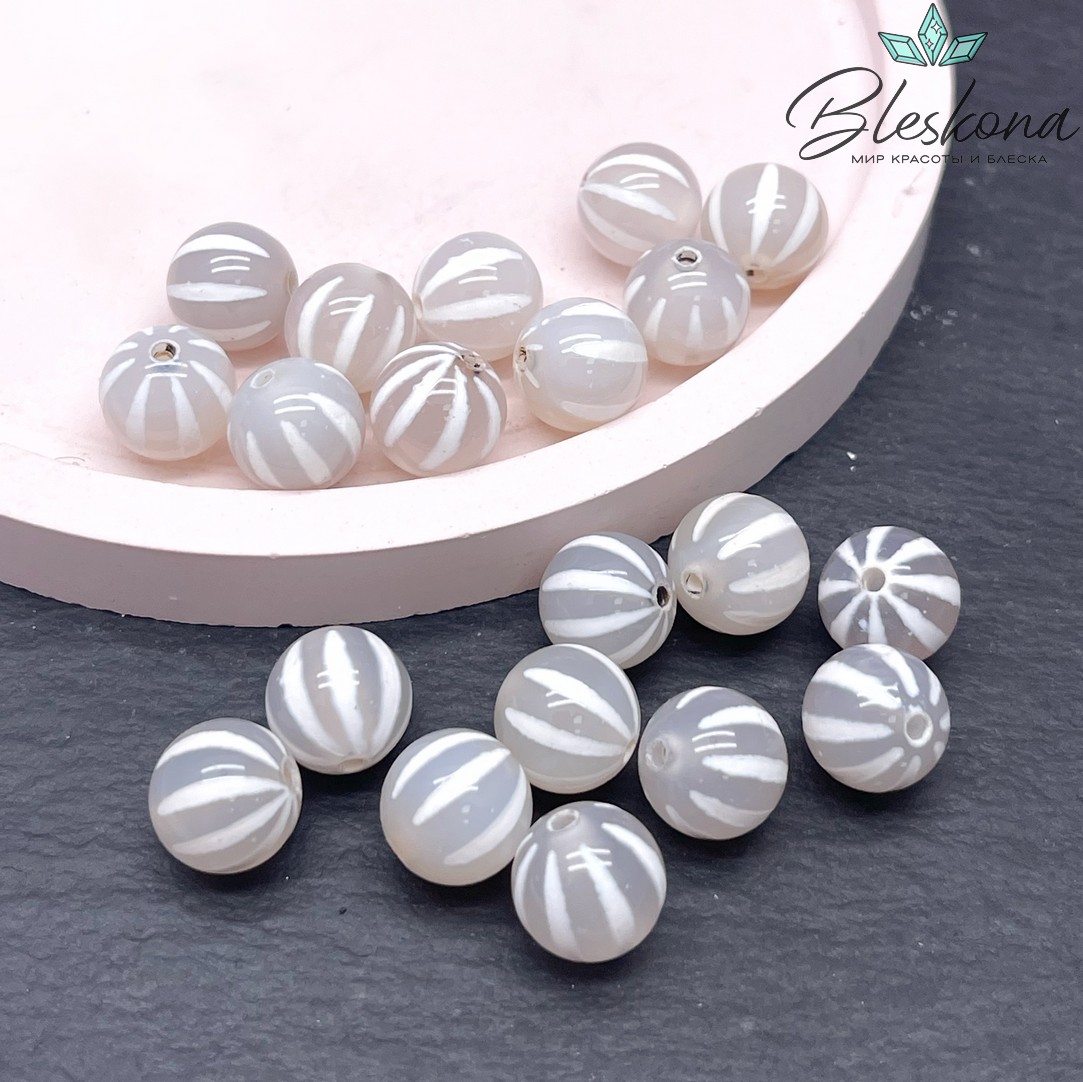 Бусина Дзи полосы серо-белый шар 10 мм уп.10 шт.