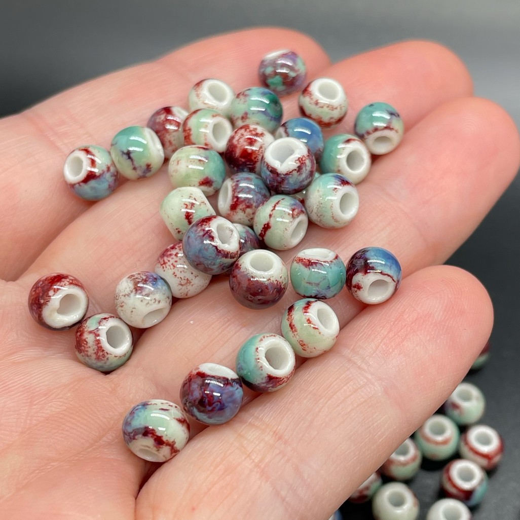 6,5 мм Бусина шар, керамика  цвет голубой рисунок №2