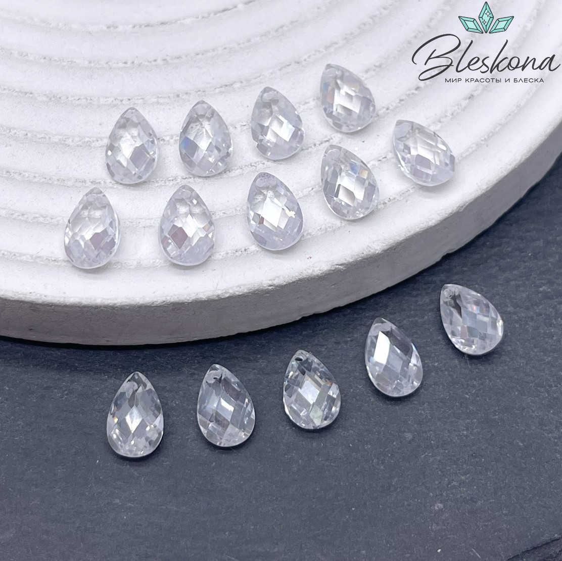 9*6 мм, Подвеска Циркон капля белая (кубический цирконий, фианит) 