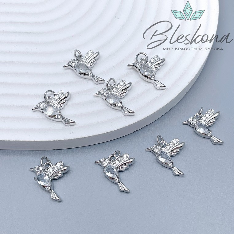 16*16 мм Цвет серебро, Подвеска Колибри с белым цирконом 