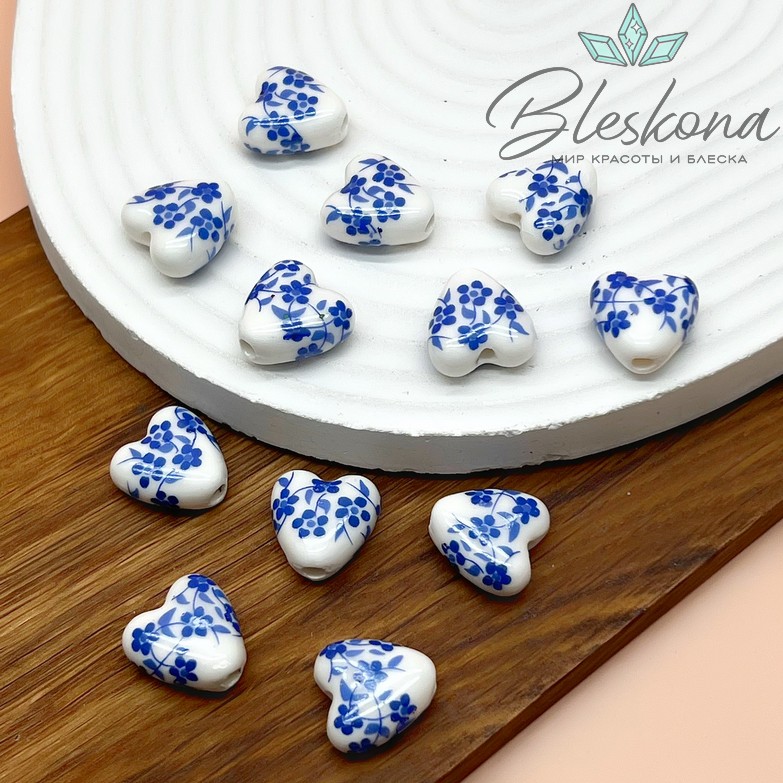 15*15 мм Керамика Бусина сердце роспись гжель №2 (штучно)