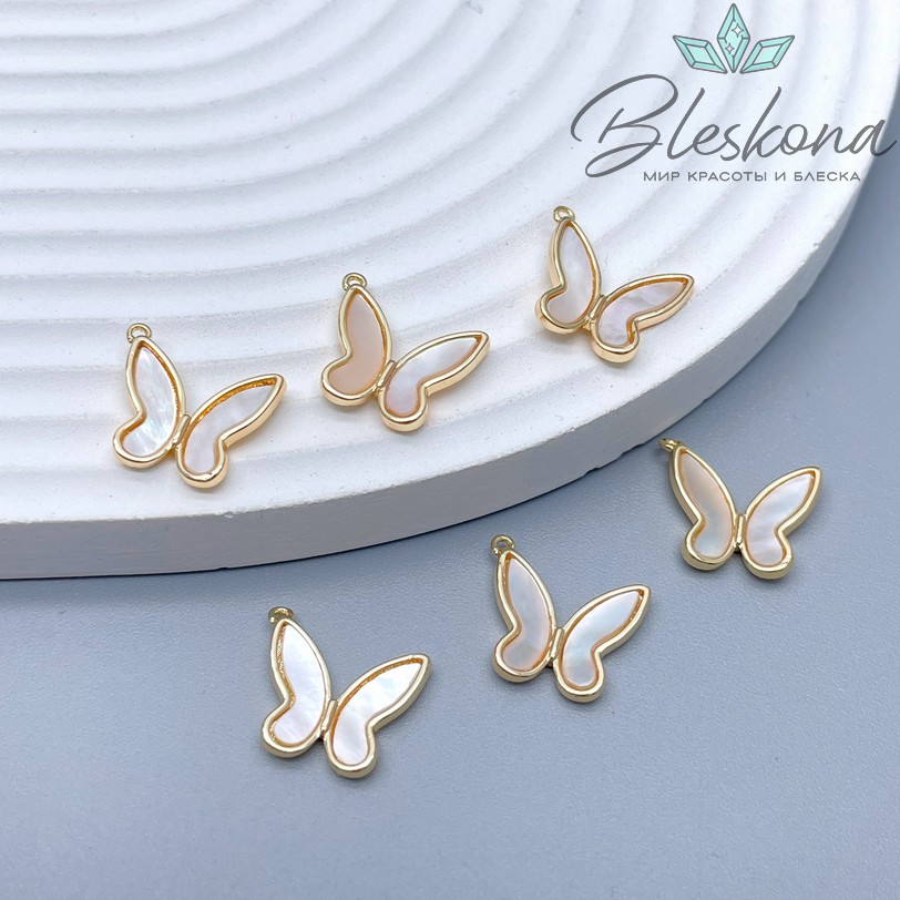 12*14,5 мм Цвет золото, Подвеска бабочка белый перламутр 